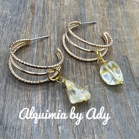 Citrine charms gold bohemian hoops statement earrings/Abundance stone un… - Picture 1 of 4